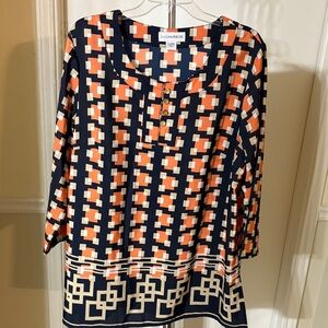 Sag Harbor Women's Top with Orange and Dark Navy Blue Geometric Design